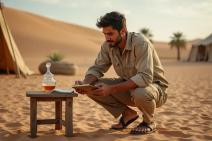 Voyageur budget consultant son carnet de dépenses devant un campement du désert de Ksar Ghilane en Tunisie