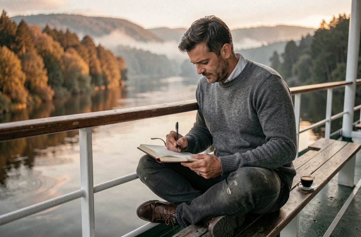 Voyageur solitaire dessinant dans un carnet sur le pont supérieur d'un bateau fluvial au crépuscule