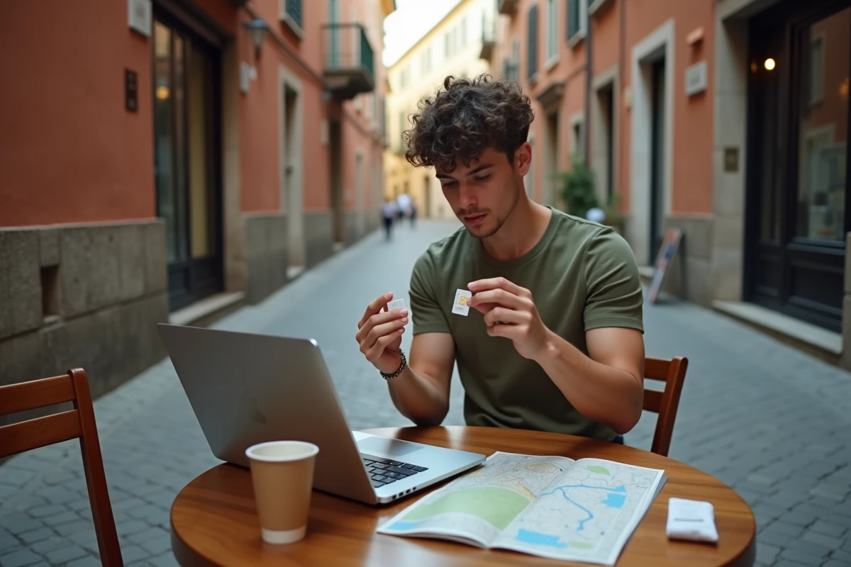 Voyageur comparant des cartes SIM locales et internationales dans un café de rue en Europe pendant un tour du monde