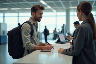 Voyageur remplissant une declaration en douane à l'aéroport