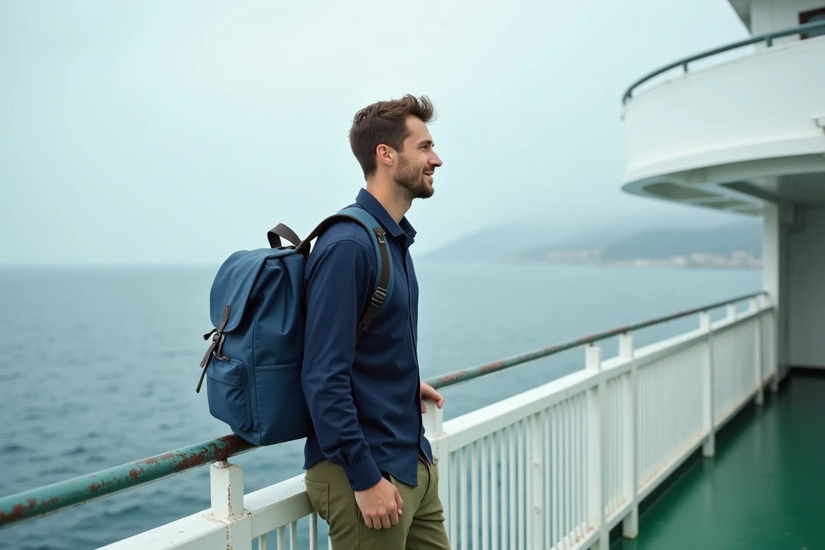 Voyageur sur le pont d'un ferry observant la mer lors de sa traversée