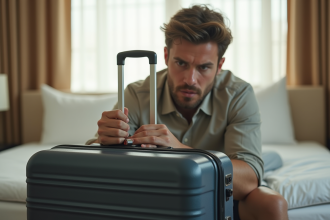 Voyageur frustré avec valise dans une chambre d'hôtel