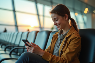 Jeune voyageur souriant dans un aéroport avec smartphone