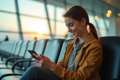 Jeune voyageur souriant dans un aéroport avec smartphone