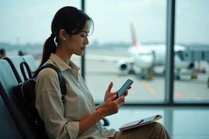 Voyageuse qui active une eSIM Saily sur son smartphone dans un aéroport avant un tour du monde