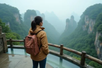 Voyageuse en veste de randonnée sur une plateforme d'observation vitrée avec vue sur les piliers de grès de Zhangjiajie dans la brume