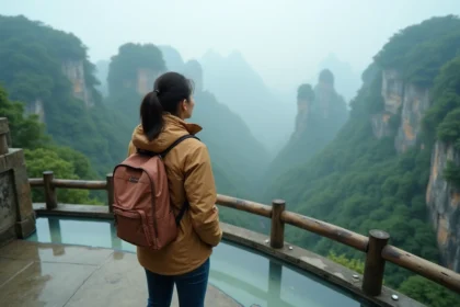 Voyageuse en veste de randonnée sur une plateforme d'observation vitrée avec vue sur les piliers de grès de Zhangjiajie dans la brume