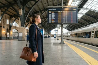Voyageuse sur le quai de la gare de Lyon à Paris, regardant un panneau d'affichage avec Venise comme destination de train