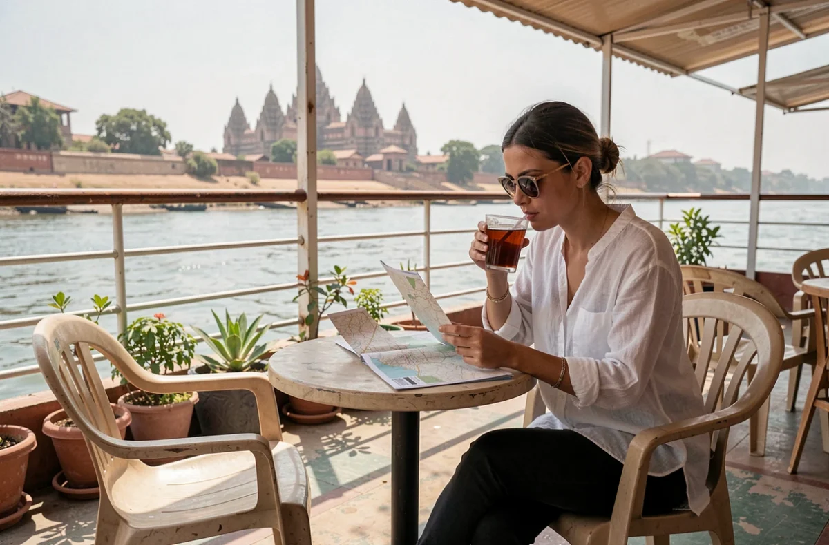 Voyageuse solo consultant une carte sur la terrasse d'une croisière Nil économique avec vue sur des ruines égyptiennes