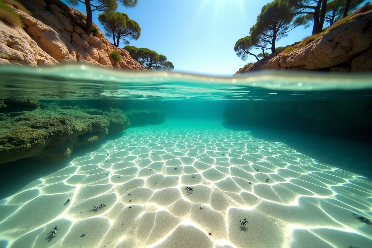 Vue sous-marine dans les eaux cristallines d'une crique préservée de Rayol-Canadel avec fond marin naturel