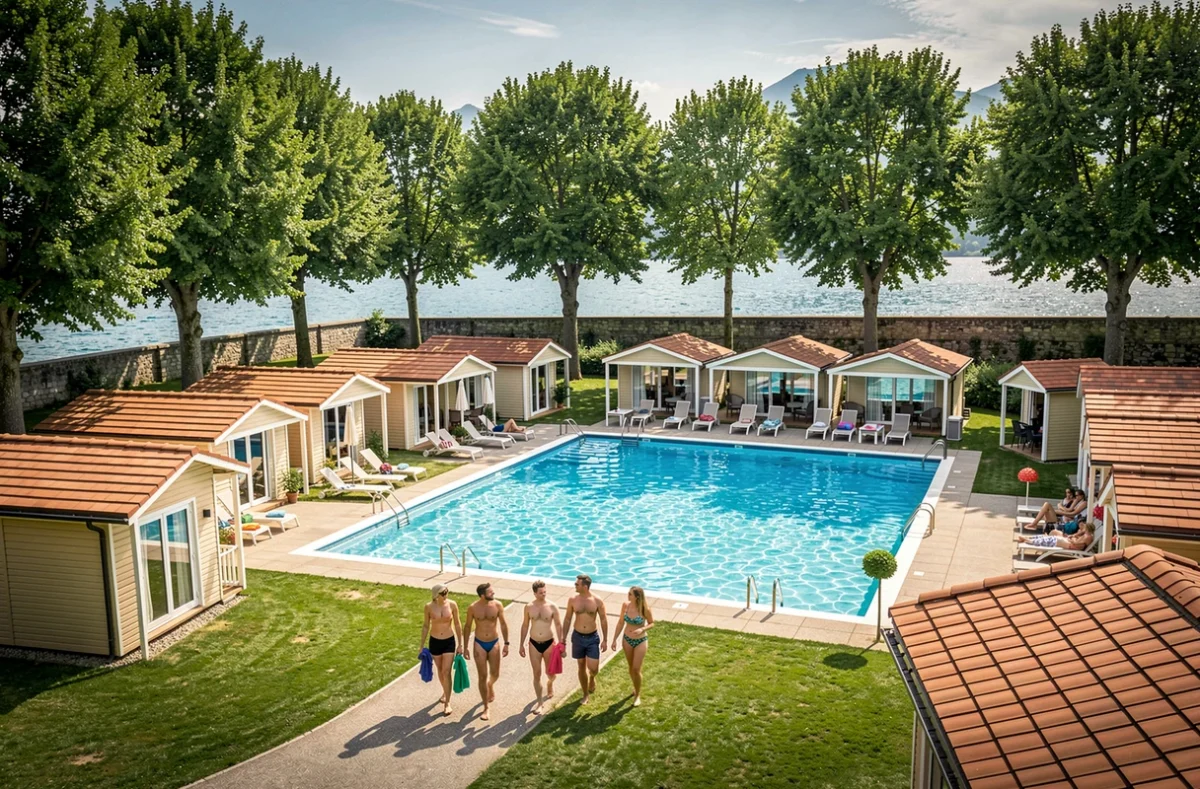VVF Villages Les Rives du Léman avec bungalows, grande piscine extérieure et vue sur le lac Léman entourée d'arbres