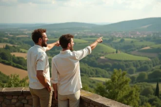 Couple en week-end en Bourgogne admirant le paysage depuis un panorama près d'Alésia
